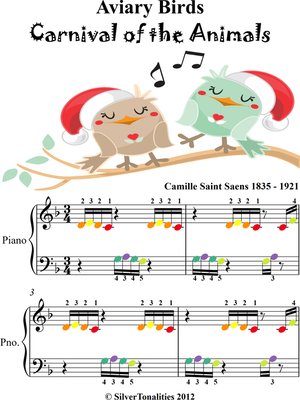 cover image of Aviary Carnival of the Animals Beginner Piano Sheet Music with Colored Notes